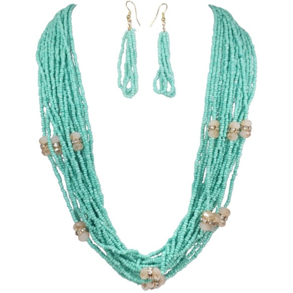 Aqua Blue Layered Seed Bead Necklace Earrings Set